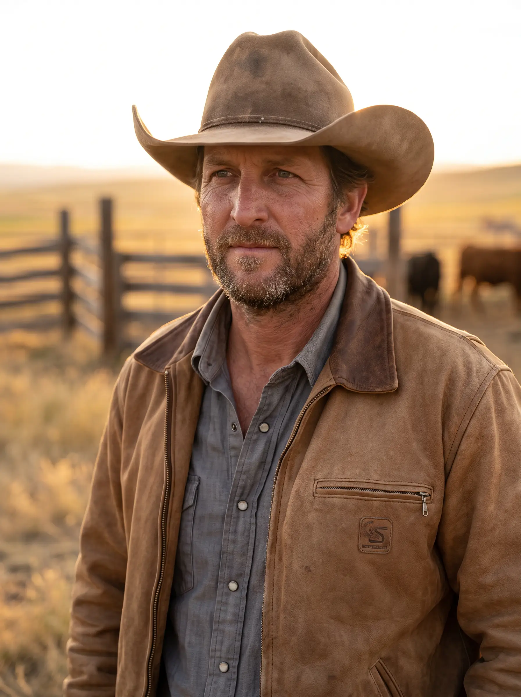 {Artist Name} in a tan leather jacket and cowboy hat at golden hour, cattle and open range behind him